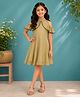 Kiddopanti Rayon Woven Half Cold Shoulder Sleeves Pinstriped & Polka Dots Printed Dress - Green