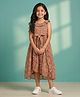 Kiddopanti Georgette Woven Sleeveless Frill Detailed & Floral Printed Dress - Brown