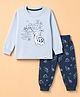 Teddy Sinker Knit Full Sleeves T-Shirt & Pyjama Night Suit with Dinosaur & Text Print - Blue