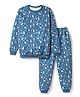 Teddy Fleece Knit Full Sleeves Co-Ords T-Shirt & Pyjama Winter Wear Night Suit with Bunny & Floral Print - Blue
