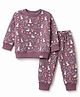 Teddy Fleece Knit Full Sleeves Co-Ords T-Shirt & Pyjama Winter Wear Night Suit with Bunny & Floral Print - Purple