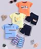 blushh berry 100% Cotton Half Sleeve Knit Pack Of 3 Panda Animals And Straight Lines Printed Tee With Shorts Set - Orange,Yellow,Blue