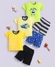 blushh berry 100% Cotton Half Sleeve Knit Pack Of 3 I Am Coming Fish And Dino Printed Tee With Shorts Set - Green,Cream,Yellow