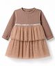 Little Kangaroos Knitted Full Sleeves Party Dress With Floral Foil Print - Brown