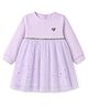 Little Kangaroos Knitted Full Sleeves Party Dress With Sequin Heart Detailing & Star Foil Print - Purple