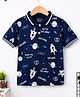 Trampoline Cotton Blend Knit Space Theme Printed Polo Tee - Navy Blue