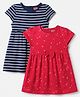 Babyhug Single Jersey Knit Knee Length Frock with Half Sleeves and Striped & Heart Print Pack of 2 Red and Navy Blue