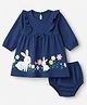 Babyhug Single Jersey Knit Full Sleeves Frock and Bloomer with Bunny Print & Bow Applique - Blue