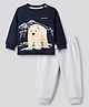 Bonfino 100% Cotton Chest Printed Full Sleeves T-shirt and Solids Pyjama Night Suit Set With Polar Bear Print - Navy Blue