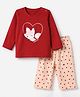 Doodle Poodle 100% Cotton Single Jersey Knit Full Sleeves Top & Pajama Night Suit with Fox & Heart Print - Red, Peach