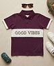 Biglilpeople Cotton Woven Half Sleeves Colour Blocked & Good Vibes Text Printed Polo Tee - Purple