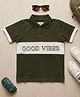 Biglilpeople Cotton Woven Half Sleeves Colour Blocked & Good Vibes Text Printed Polo Tee - Olive Green