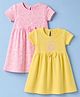 Babyhug Single Jersey Knit Half Sleeves Hearts & Text Printed Frocks With Bow Applique Pack Of 2 - Pink & Yellow