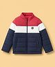 Pine Kids Woven Full Sleeves Cut & Sew Hooded Padded Quilted Winter Jacket with Color Block And Logo Patch - Navy Blue