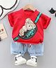 Googo Gaaga Cotton Knit Half Sleeves Teddy Printed T-Shirt With Shorts Set - Red
