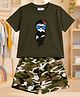 Googo Gaaga Cotton Knit Half Sleeves Army Officer Patch Detailed Tee & Camouflage Printed Shorts Set - Green