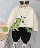 Googo Gaaga Cotton Knit Full Sleeves Dinosaur Patch Embroidered Sweatshirt & Joggers Set - Cream