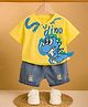 Googo Gaaga Cotton Knit Half Sleeves Dinosaur Printed Tee With Denim Distressed Shorts Set - Yellow