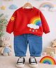 Googo Gaaga Cotton Knit Full Sleeves Light Winter Rainbow Printed Sweatshirt With Joggers Set - Red