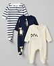Bonfino 100% Cotton Yarn Dyed Knit Front Open Zipper Full Sleeves Striped Sleep Suits with Penguin Print Pack of 3 - White Navy Blue & Cream