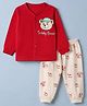 Mini Donuts Sinker Knit Front Open Full Sleeves T-Shirt & Pajama Night Suit with Bear Print - Maroon