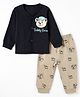 Mini Donuts Sinker Knit Front Open Full Sleeves T-Shirt & Pajama Night Suit with Bear Print - Navy Blue