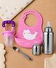 AEREX Silicone Baby Feeding Set with Adjustable Bib, Stainless Steel Baby Bottle, Fruit Feeder Nibbler & Cleaning Brush BPA Free Infant Feeding Essentials Kit for Toddlers (Pink)