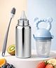 AEREX Stainless Steel Baby Feeding Bottle with Cleaning Brush & Silicone Rabbit Fruit Nibbler | Insulated Leak-Proof Baby Milk Bottle | Safe BPA-Free Baby Feeding Set for Newborns & Toddlers (Blue)