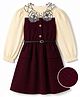 Hola Bonita Knit Floral Applique Dress and Belt with Full Sleeves - Wine