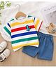 POP STREET KIDS Cotton Blend Knit Half Sleeves Striped & Dinosaur Patch Detailed Tee & Shorts Set - Multi Colour