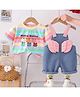POP STREET KIDS Cotton Blend Knit Wings Applique Detailed Dungaree With Half Sleeves Striped Tee - Multi Colour