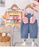 POP STREET KIDS Cotton Blend Knit Wings Applique Detailed Dungaree With Half Sleeves Striped Tee - Multi Colour