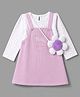 Babyhug Cotton Woven Frock and Inner Tee and Purse with Full Sleeves and Pretty Text Embroidery - Lavender