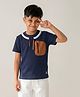Tales & Stories Cotton Knit Half Sleeves Colour Blocked Zipper Pocket Detailed Tee - Navy Blue