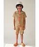 Tales & Stories Cotton Knit Half Sleeves Striped & Leaves Printed Coordinating Shirt & Shorts Set - Green