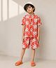 Tales & Stories Cotton Knit Half Sleeves Palm Trees Printed Coordinating Shirt & Shorts Set - Orange