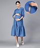 NIGHTSPREE Denim Woven Three Fourth Sleeves Solid Maternity Dress With Side Zipper Nursing Access - Sky Blue