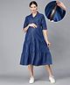 NIGHTSPREE Denim Woven Half Sleeves Solid Maternity Dress With Side Zipper Nursing Access - Dark Blue