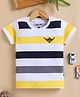 Unfab Cotton Knit Half Sleeves Striped & Bird Printed Tee - White Navy Blue & Yellow