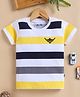 Unfab Cotton Knit Half Sleeves Striped & Bird Printed Tee - White Navy Blue & Yellow