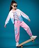 OLLINGTON ST. Looper Knit Half Sleeves T-Shirt & Joggers Set With Jacket & Text Print - Pink