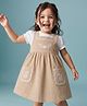 Babyhug Corduroy Woven Frock with Inner Tee with Half Sleeves and Floral Embroidery - Beige