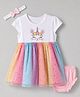 Babyhug Single Jersey Knit Half Sleeves Kitty & Unicorn Theme Printed Frock With Bloomer & Headband - White