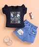 LACKii DOLL Cotton Blend Knit  Half Puffed Sleeves Typography & Sunglasses Printed Top & Skorts Set - Navy Blue