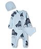 Bonfino 100% Cotton Knit Romper, Cap and Bib with Full Sleeves and Walrus Print - Light Blue