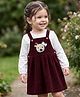 Babyhug Corduroy Woven Frock with Inner Tee with Full Sleeves and Reindeer Applique in Maroon