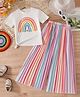 tior Woven Half Sleeves Rainbow Printed Top & Pants Set - White