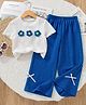 tior Woven Half Sleeves Floral Applique Detailed Top & Pants Set - White & Blue