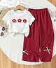 tior Woven Textured Short Sleeve Floral Applique Top And Wide-Leg Pants Set - Red