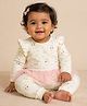 Mi Arcus Cotton Elastane Knit Full Sleeves Cat Printed Frill Detailed Romper - Cream